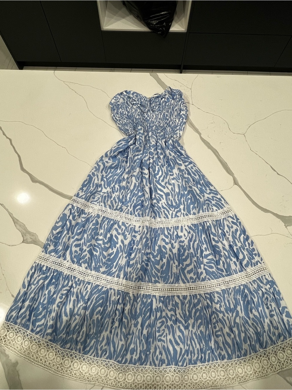 Forever 21 Blue and White Asymmetrical Tiered Smocked Dress